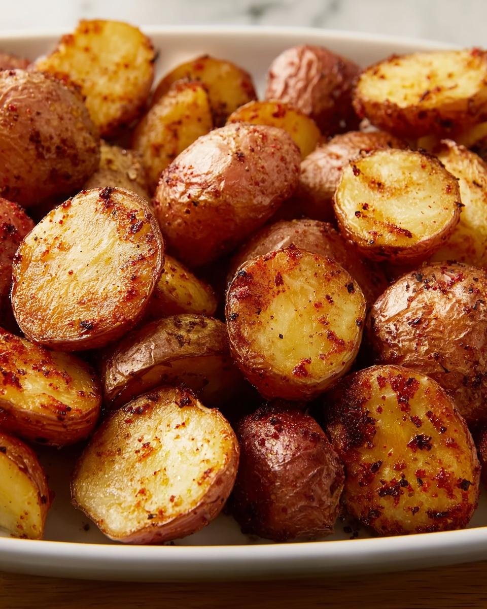 Close-up of perfectly roasted red potatoes seasoned for an Easy Crispy Parmesan Roasted Red Potatoes Side Dish.