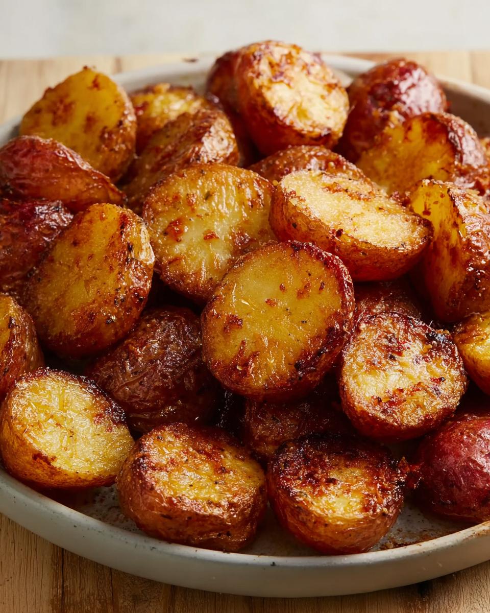 Close-up of perfectly browned and crispy Parmesan roasted red potatoes piled high on a serving dish.