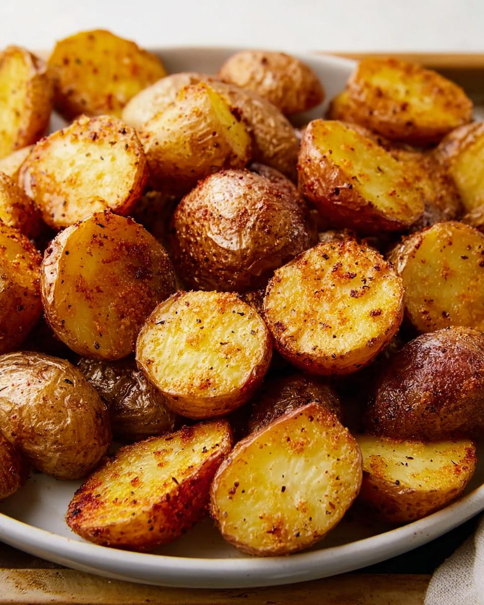 Close-up of perfectly roasted red potatoes coated in crispy Parmesan seasoning.