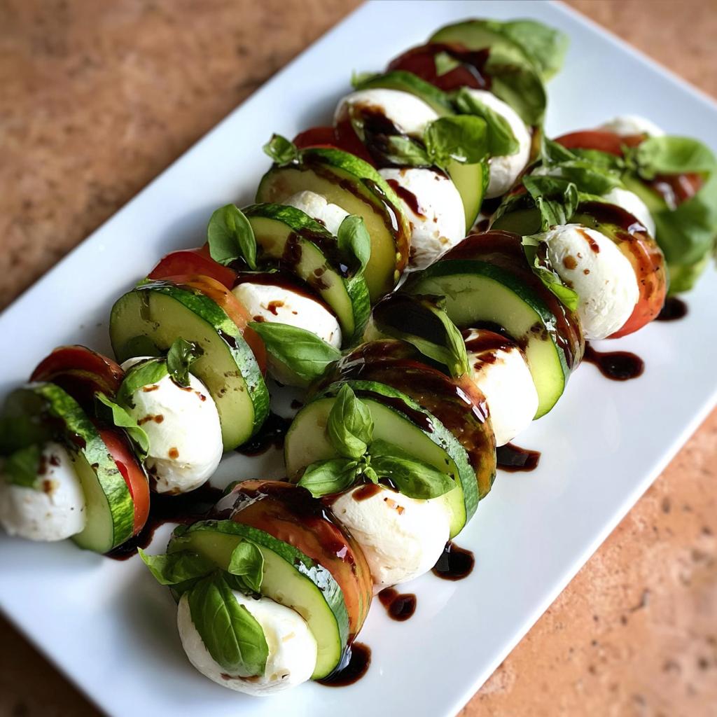 Alternating slices of cucumber, mozzarella, and tomato arranged on a white platter for an Easy Cucumber Caprese Salad, drizzled with balsamic glaze.