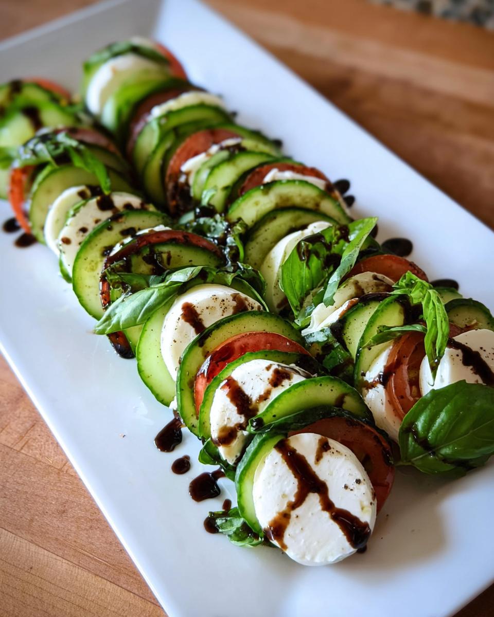 Slices of cucumber, tomato, and mozzarella arranged in rows for an Easy Cucumber Caprese Salad, drizzled with balsamic glaze.