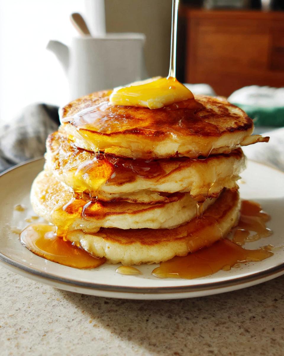 A tall stack of Easy Homemade Pancakes with butter melting on top while syrup is being drizzled over them.