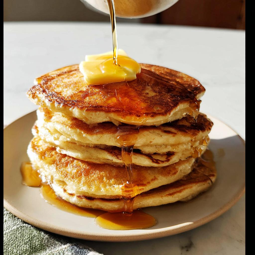 A tall stack of Easy Homemade Pancakes with Butter and Syrup being poured over the top.