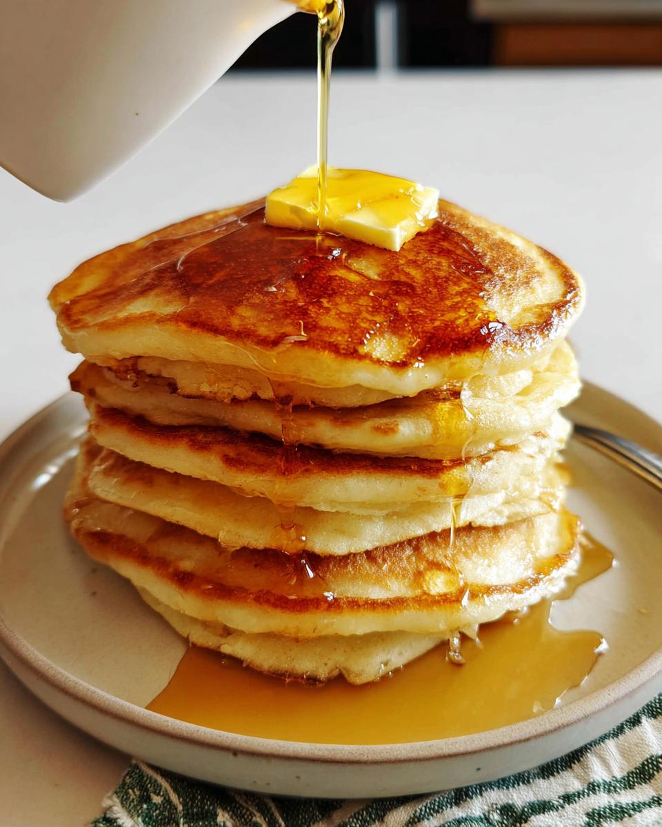 A tall stack of Easy Homemade Pancakes with Butter and Syrup being poured over the top.