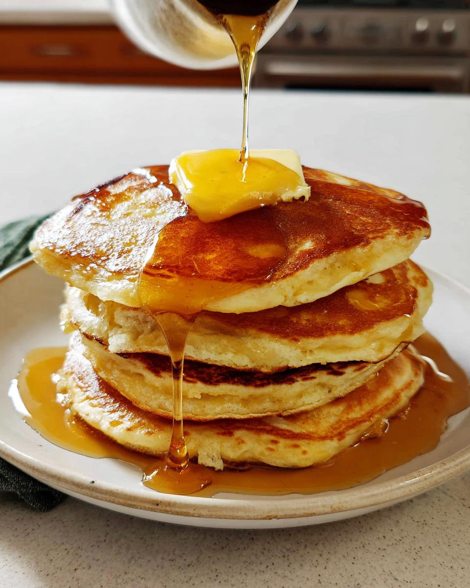 A tall stack of Easy Homemade Pancakes with Butter and Syrup being poured over the top.