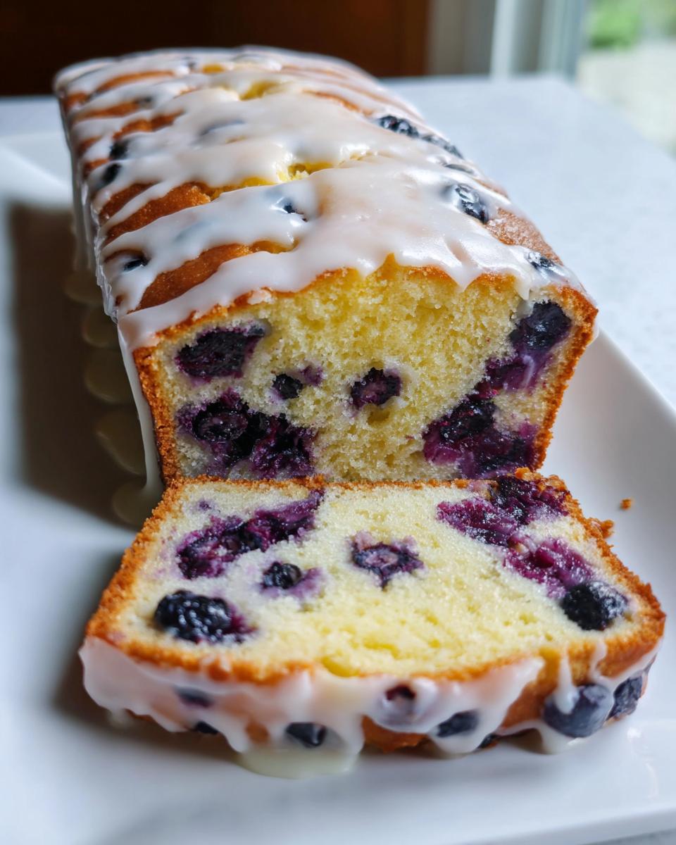 A close-up of an Easy Lemon Blueberry Pound Cake, sliced to show moist interior packed with blueberries and topped with white glaze.