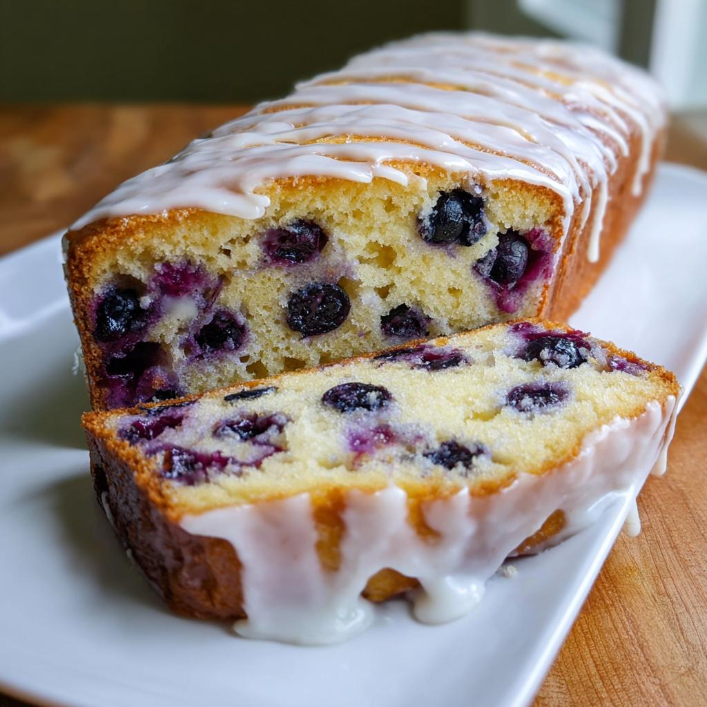 A loaf of Easy Lemon Blueberry Pound Cake, partially sliced, topped with thick white lemon glaze.