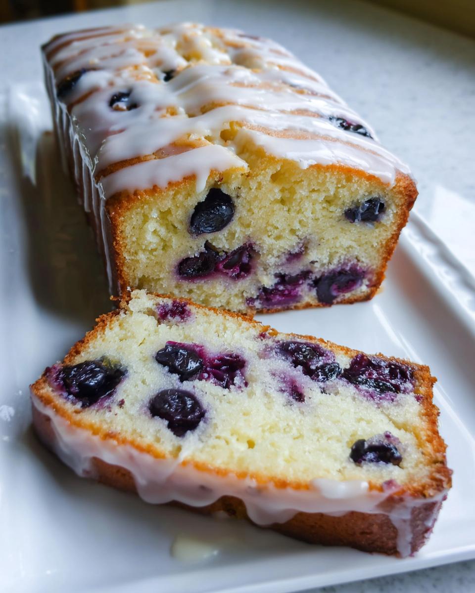 A slice of Easy Lemon Blueberry Pound Cake with a thick lemon glaze drizzled over the top.