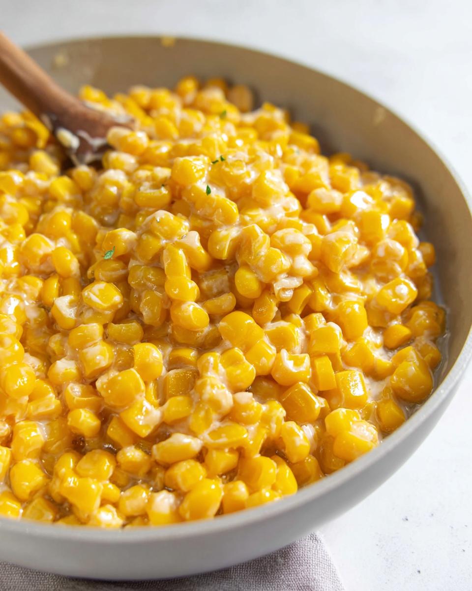 Close-up of bright yellow kernels in Easy Skillet Corn with Honey Butter, served in a light gray bowl with a wooden spoon.