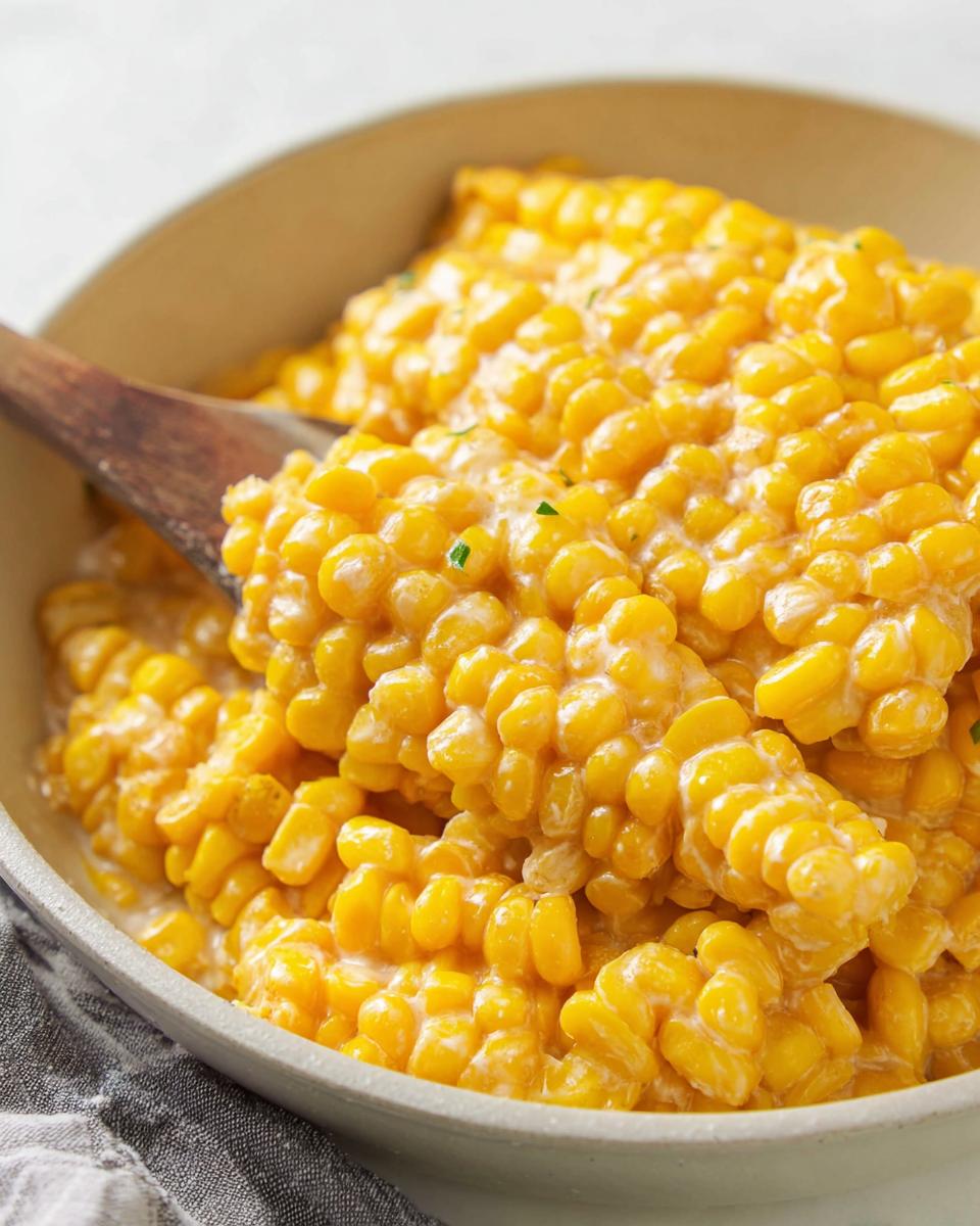 Close-up of bright yellow corn kernels coated in creamy honey butter sauce, served in a bowl with a wooden spoon.
