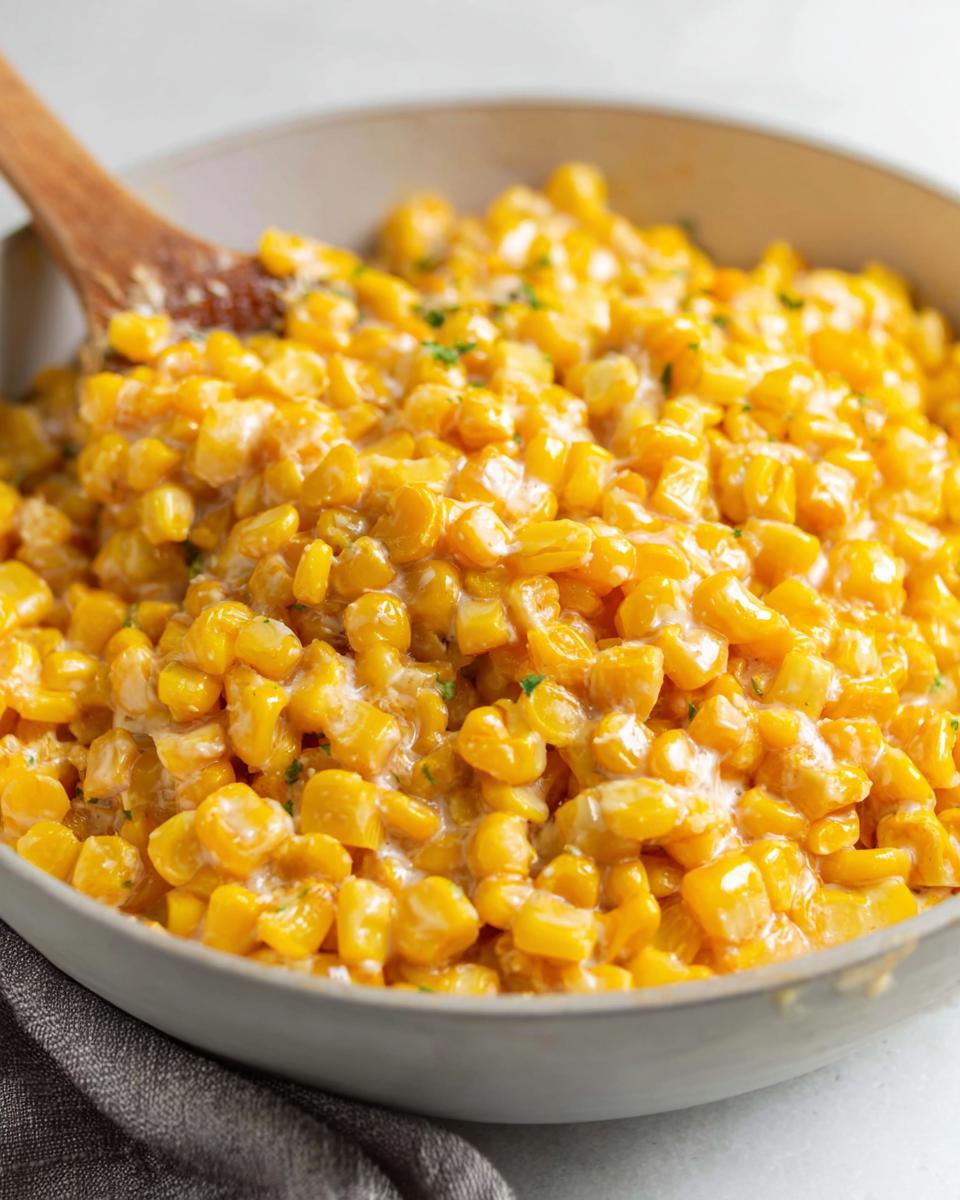 Close-up of Easy Skillet Corn with Honey Butter, creamy and glistening in a serving bowl with a wooden spoon.