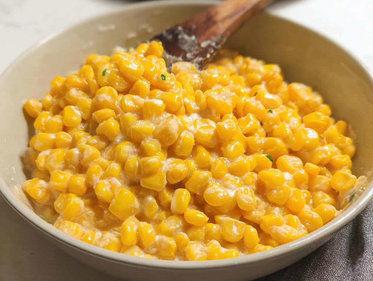 Close-up of bright yellow kernels in Easy Skillet Corn with Honey Butter, coated in a creamy sauce.