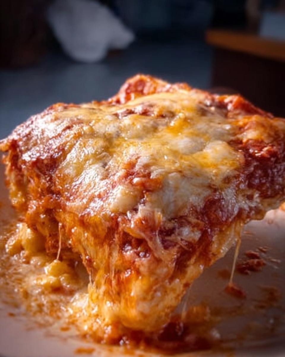 A close-up of a serving of Extra Cheesy Four Cheese Lasagna with melted cheese stretching as it is lifted.