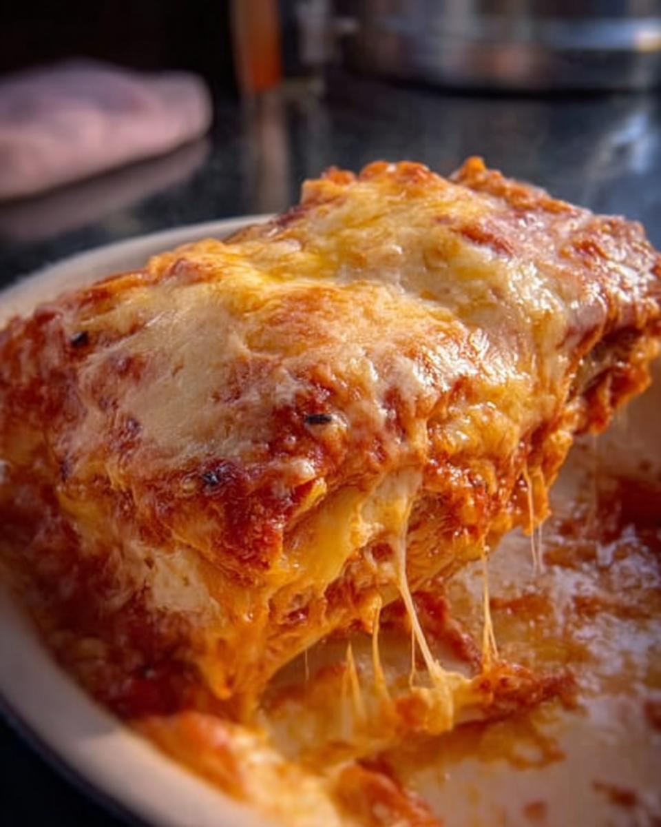 Close-up of a gooey, cheesy pull from a serving of Extra Cheesy Four Cheese Lasagna.