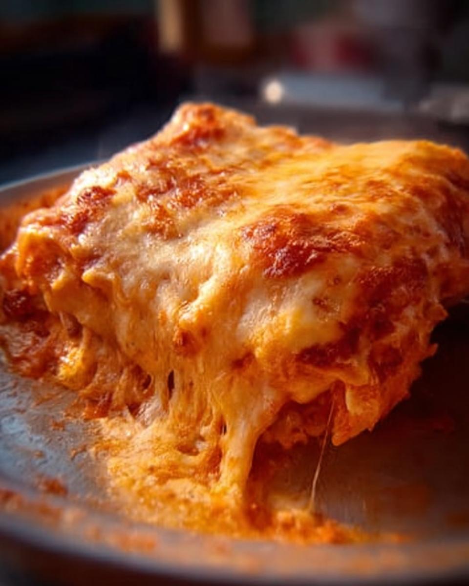 Close-up of a serving of Extra Cheesy Four Cheese Lasagna with incredibly gooey, melted cheese stretching as it's pulled away.