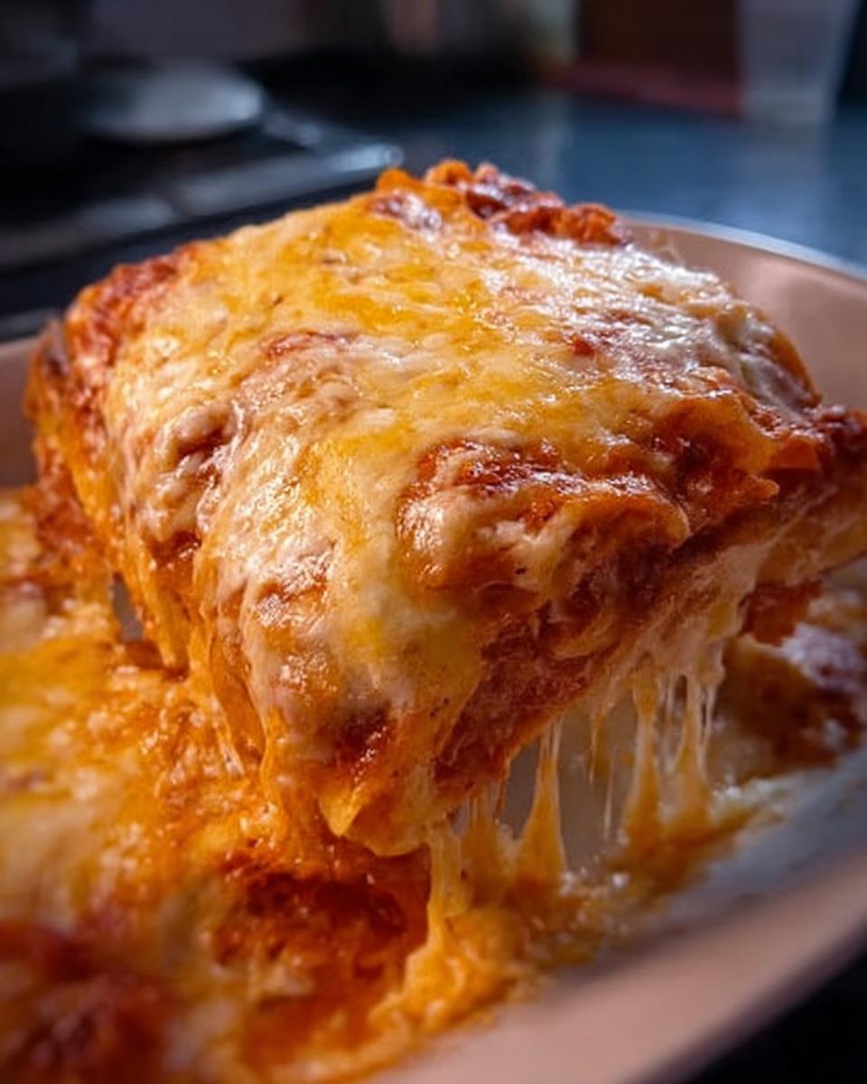 A close-up of a serving being lifted from a pan of Extra Cheesy Four Cheese Lasagna, showing long, gooey cheese pulls.