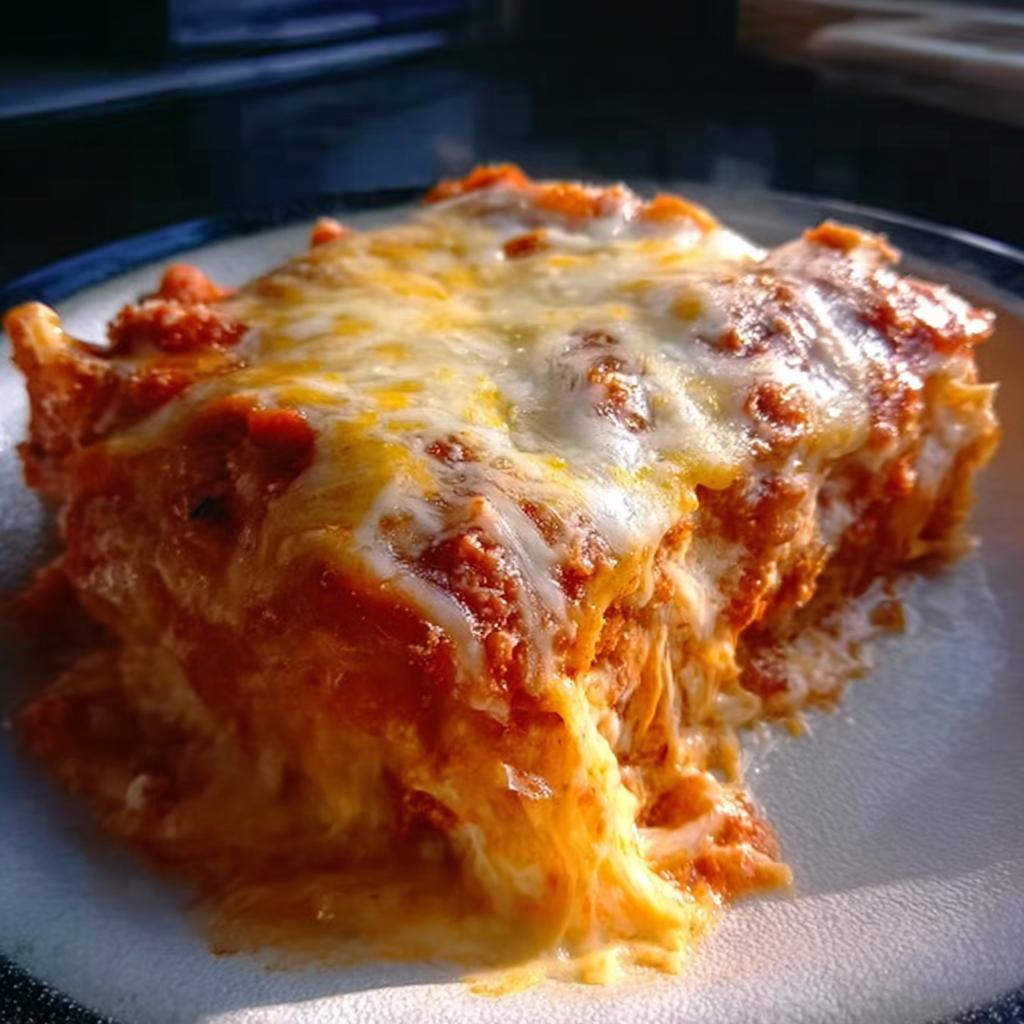 A close-up of a generous slice of Extra Cheesy Four Cheese Lasagna oozing with melted cheese and rich sauce.
