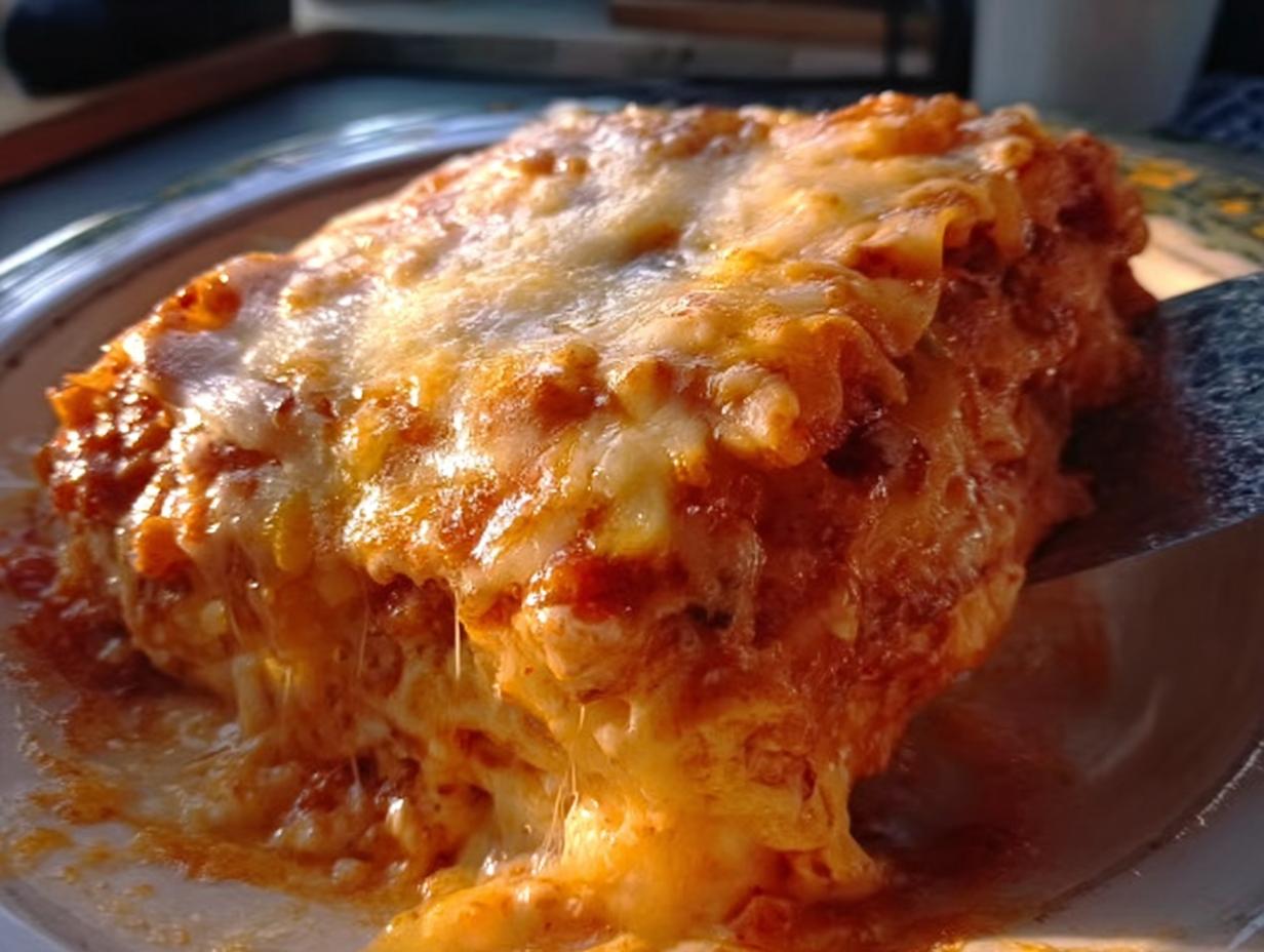 A close-up of a serving slice of Extra Cheesy Four Cheese Lasagna being lifted, showing melted, gooey cheese.