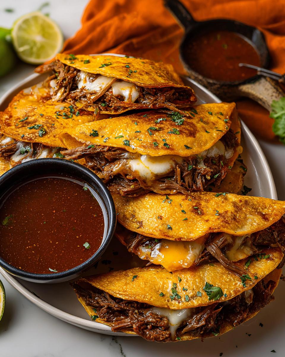 A plate stacked high with crispy, cheesy My Fave Birria Tacos served with a side of rich, dark consommé for dipping.