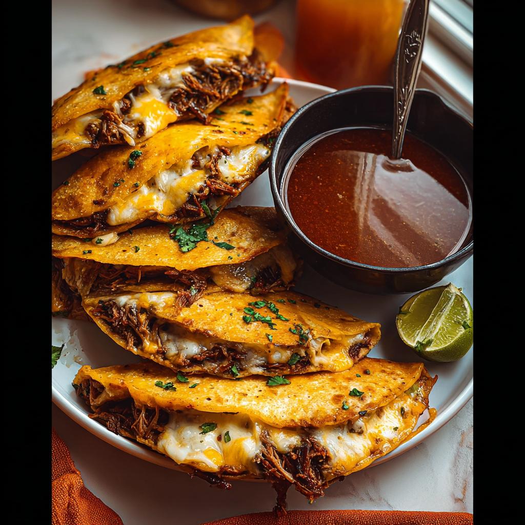 A plate stacked high with crispy, cheesy My Fave Birria Tacos, served with a side of rich consommé and a lime wedge.