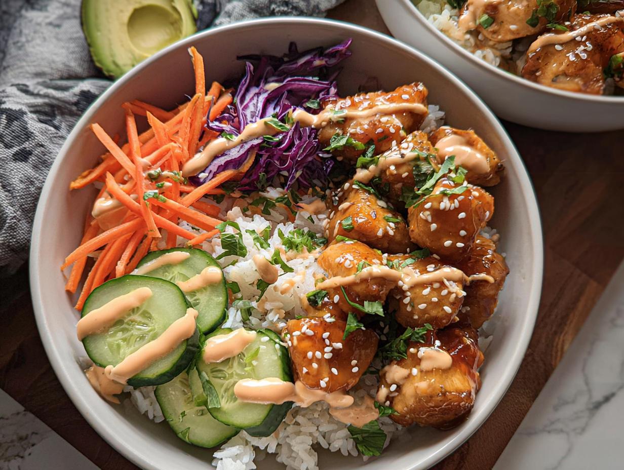 A close-up of a vibrant Bang Bang Chicken Bowl featuring glazed chicken pieces, rice, shredded carrots, cucumber, and purple cabbage.