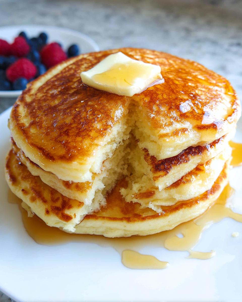 A stack of three fluffy homemade pancakes topped with melting butter and drizzled with syrup.