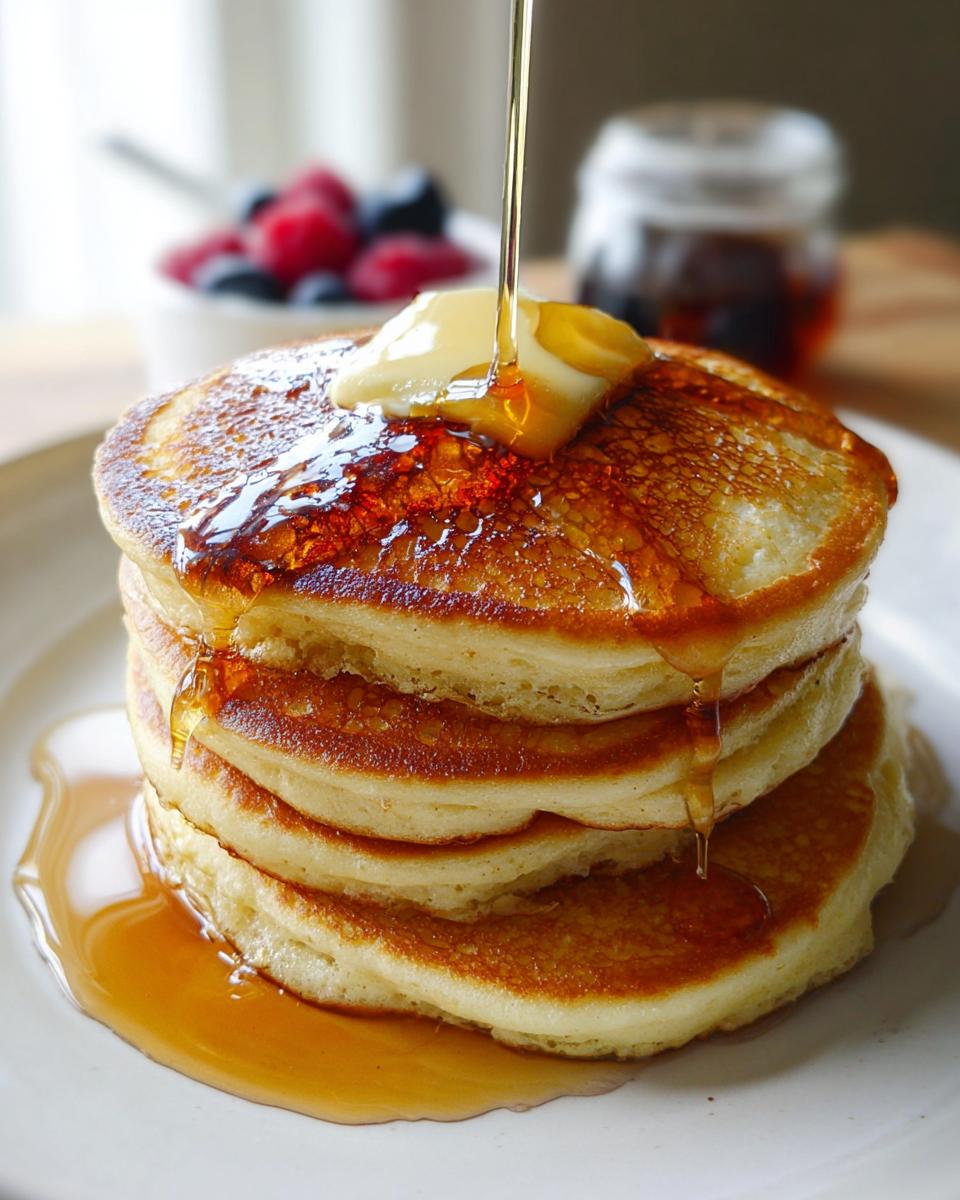A tall stack of fluffy homemade pancakes topped with melting butter and drizzled with syrup.