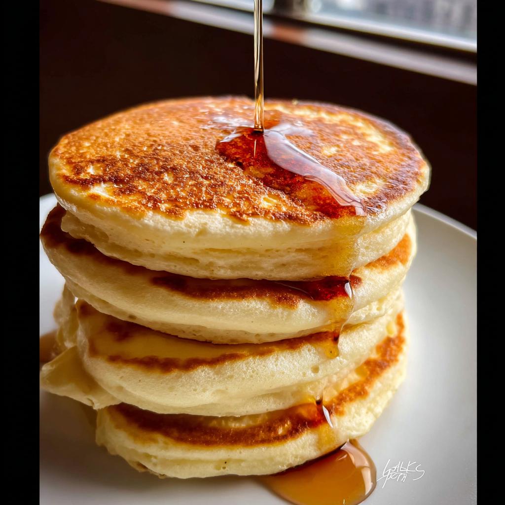 A tall stack of four fluffy pancakes being drizzled with golden syrup, showcasing the Best Pancake Recipe.