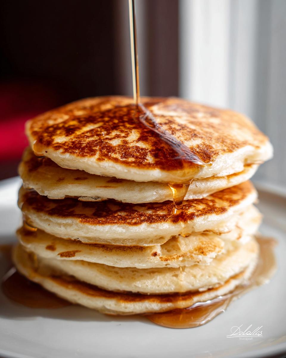 A tall stack of five fluffy pancakes being drizzled with golden syrup, illustrating the Best Pancake Recipe.