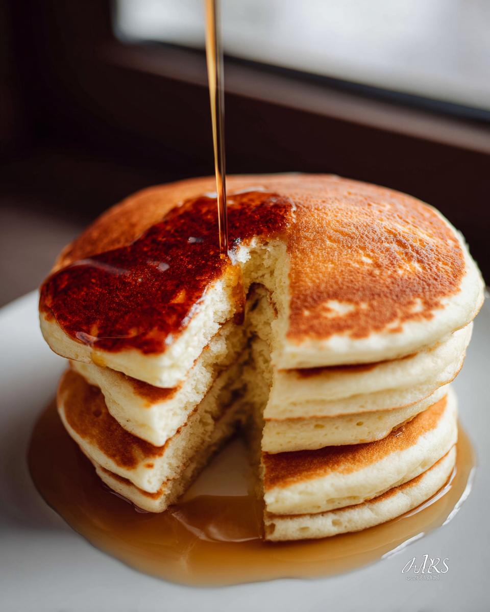 A tall stack of fluffy pancakes with a slice cut out, being drizzled with maple syrup. This is the Best Pancake Recipe.
