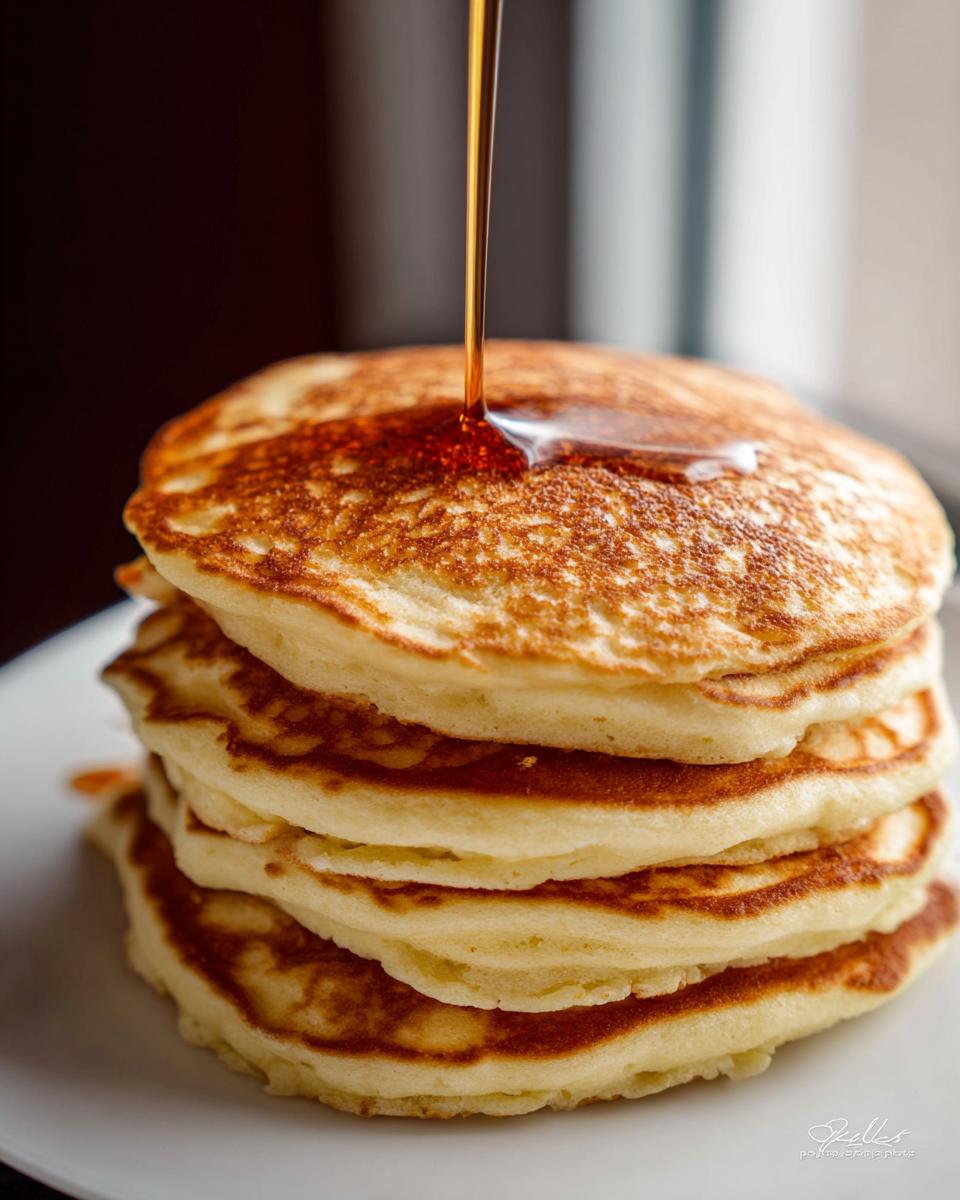 A tall stack of fluffy pancakes being drizzled with maple syrup, illustrating the Best Pancake Recipe.