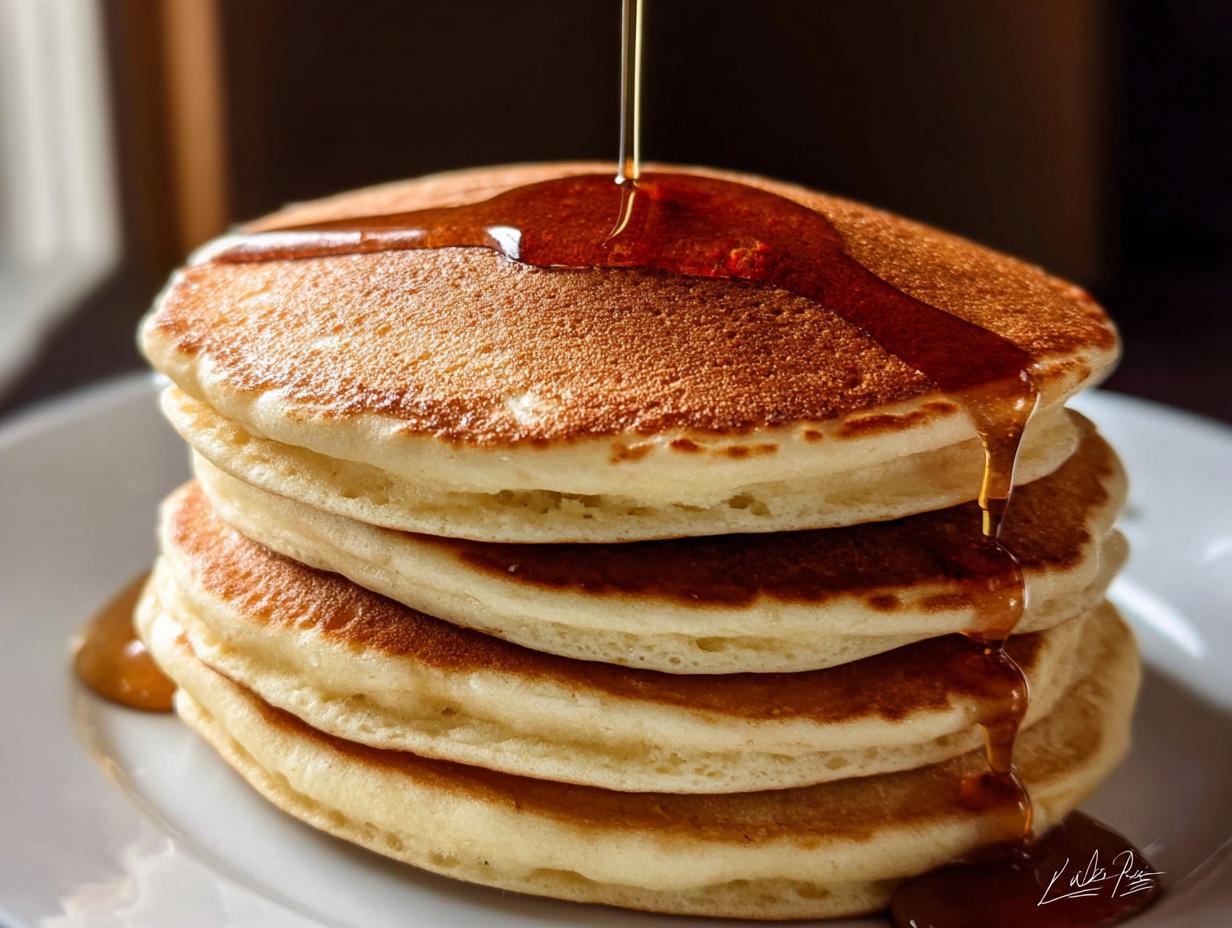 A tall stack of four fluffy pancakes being drizzled with golden syrup, illustrating the Best Pancake Recipe.