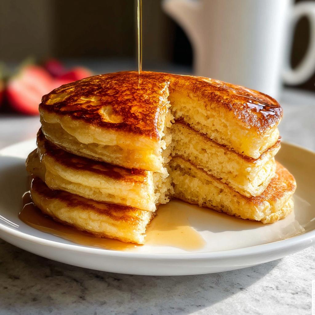 A tall stack of Fluffy Pancakes being drizzled with syrup, showing the airy interior texture.