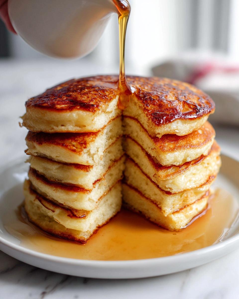 A tall stack of fluffy pancakes being drizzled with golden syrup from a white pitcher.