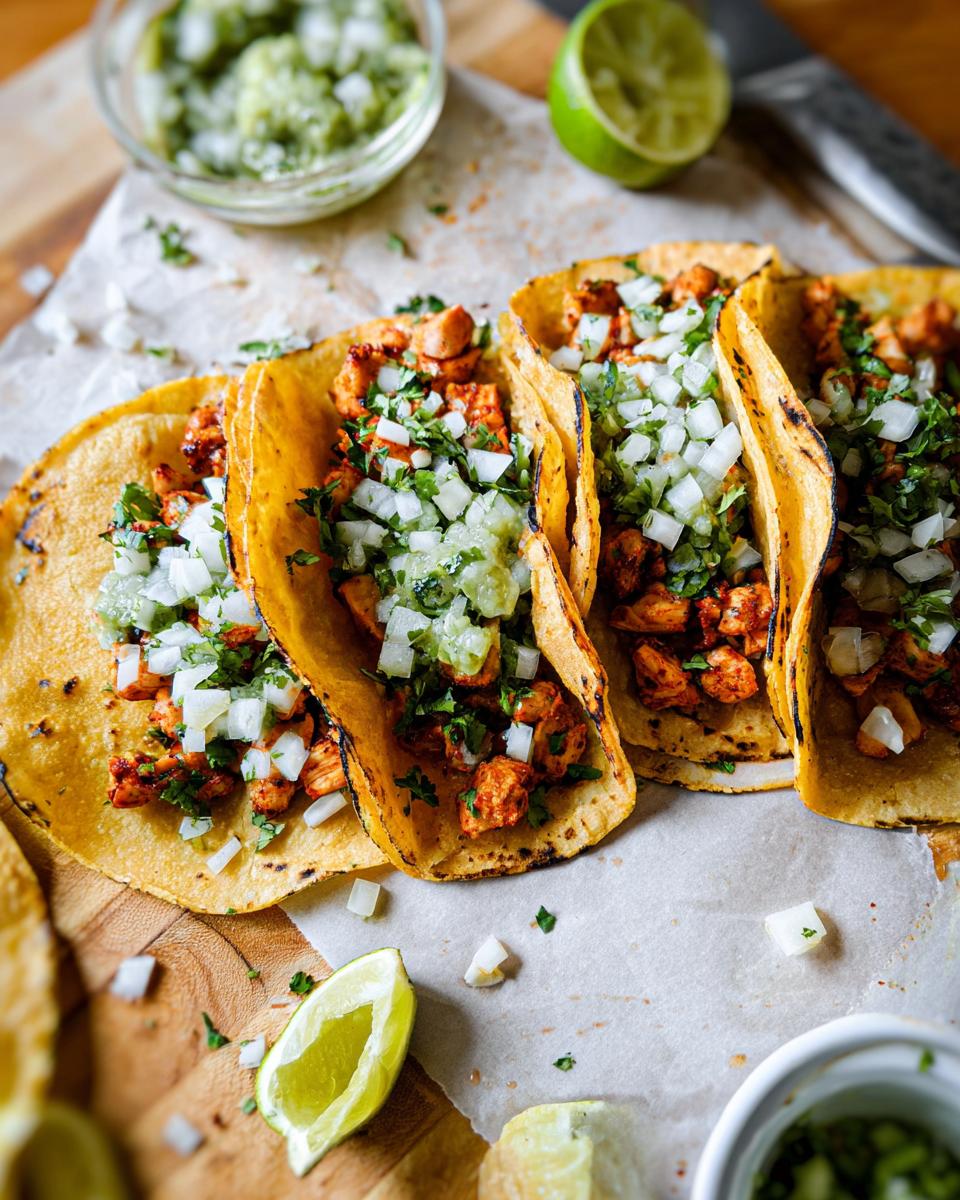 Four delicious Chicken Street Tacos filled with seasoned chicken, diced white onion, and salsa verde on grilled corn tortillas.