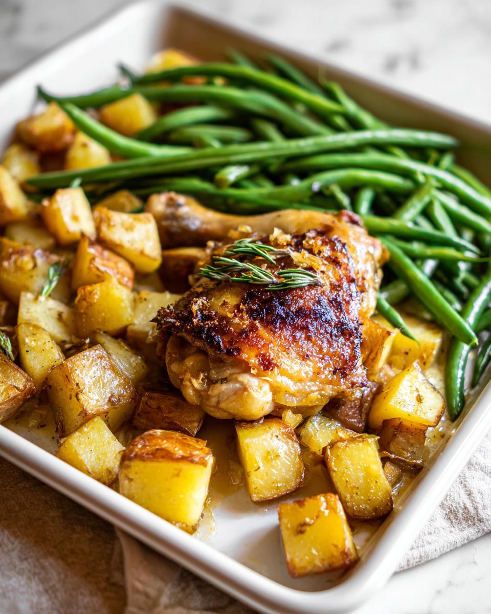 Close-up of crispy Garlic Butter Baked Chicken Thighs and Potatoes with green beans in a white baking dish.