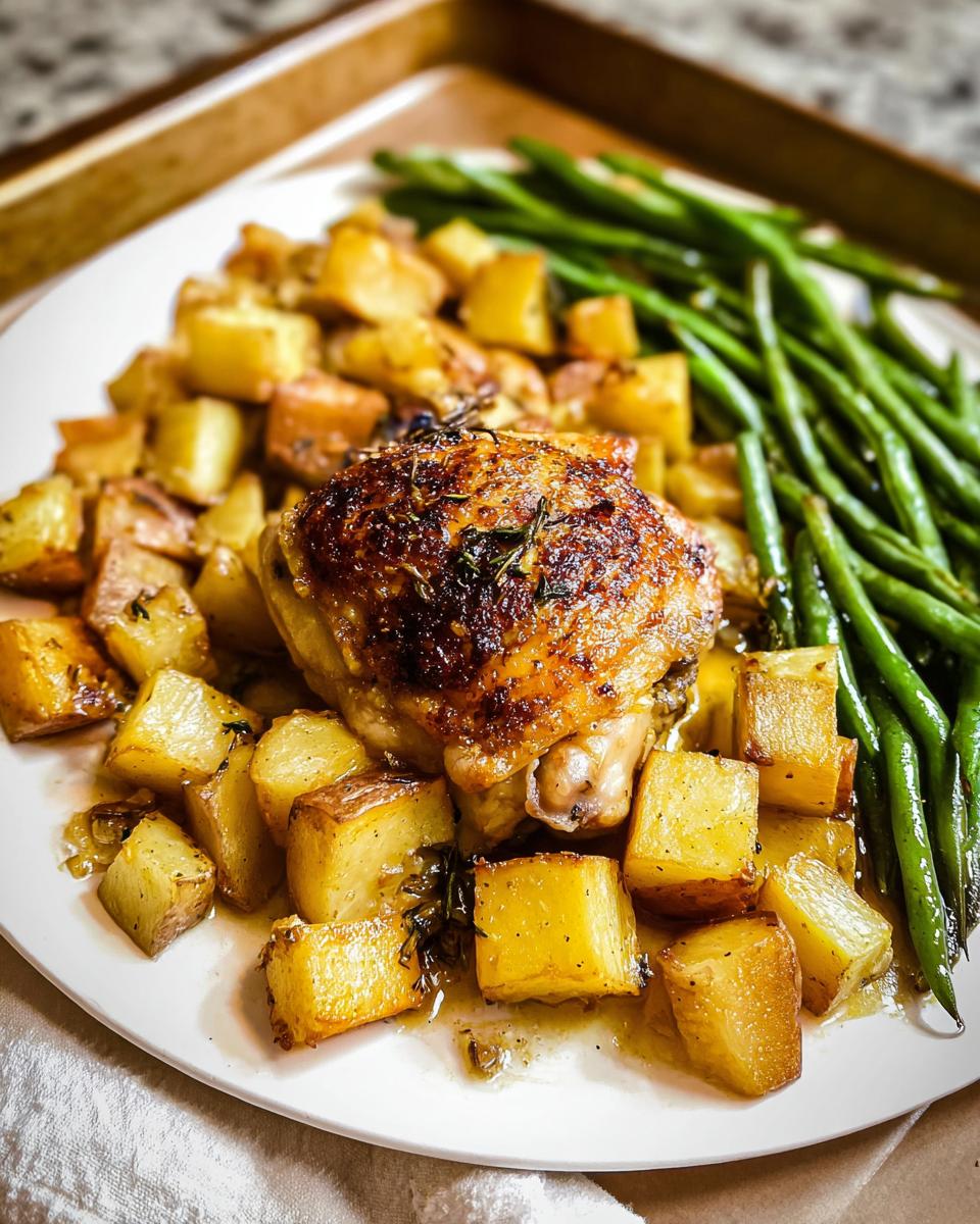 A plated serving of Garlic Butter Baked Chicken Thighs and Potatoes with a side of green beans.