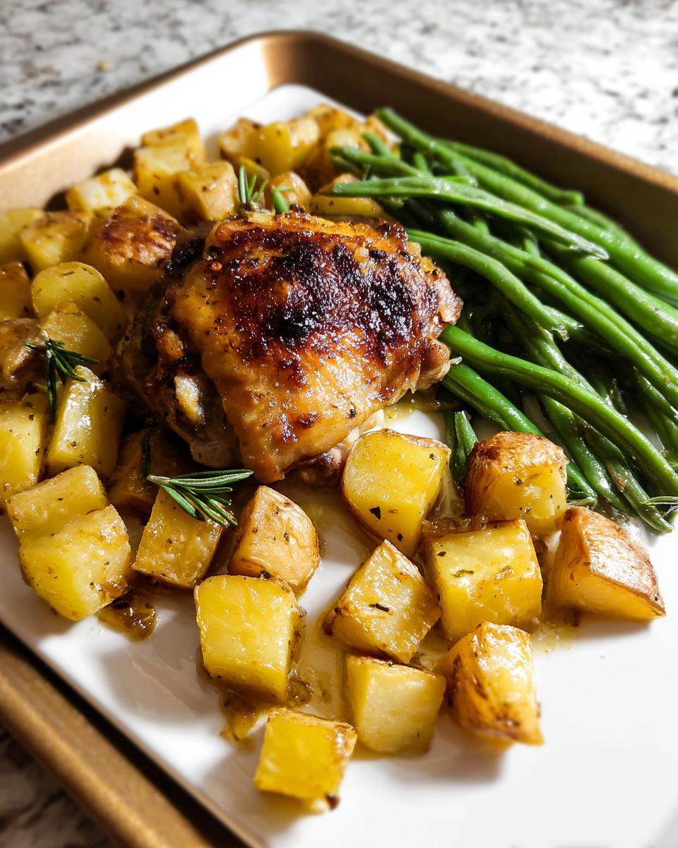 A plate featuring Garlic Butter Baked Chicken Thighs and Potatoes alongside green beans, garnished with rosemary.