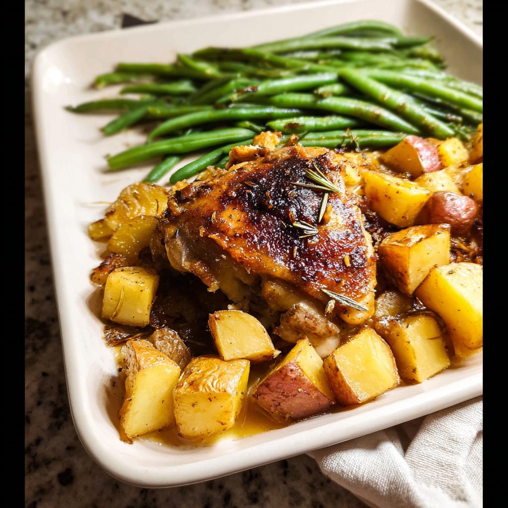 A perfectly baked chicken thigh with crispy skin served over roasted potatoes, alongside green beans.