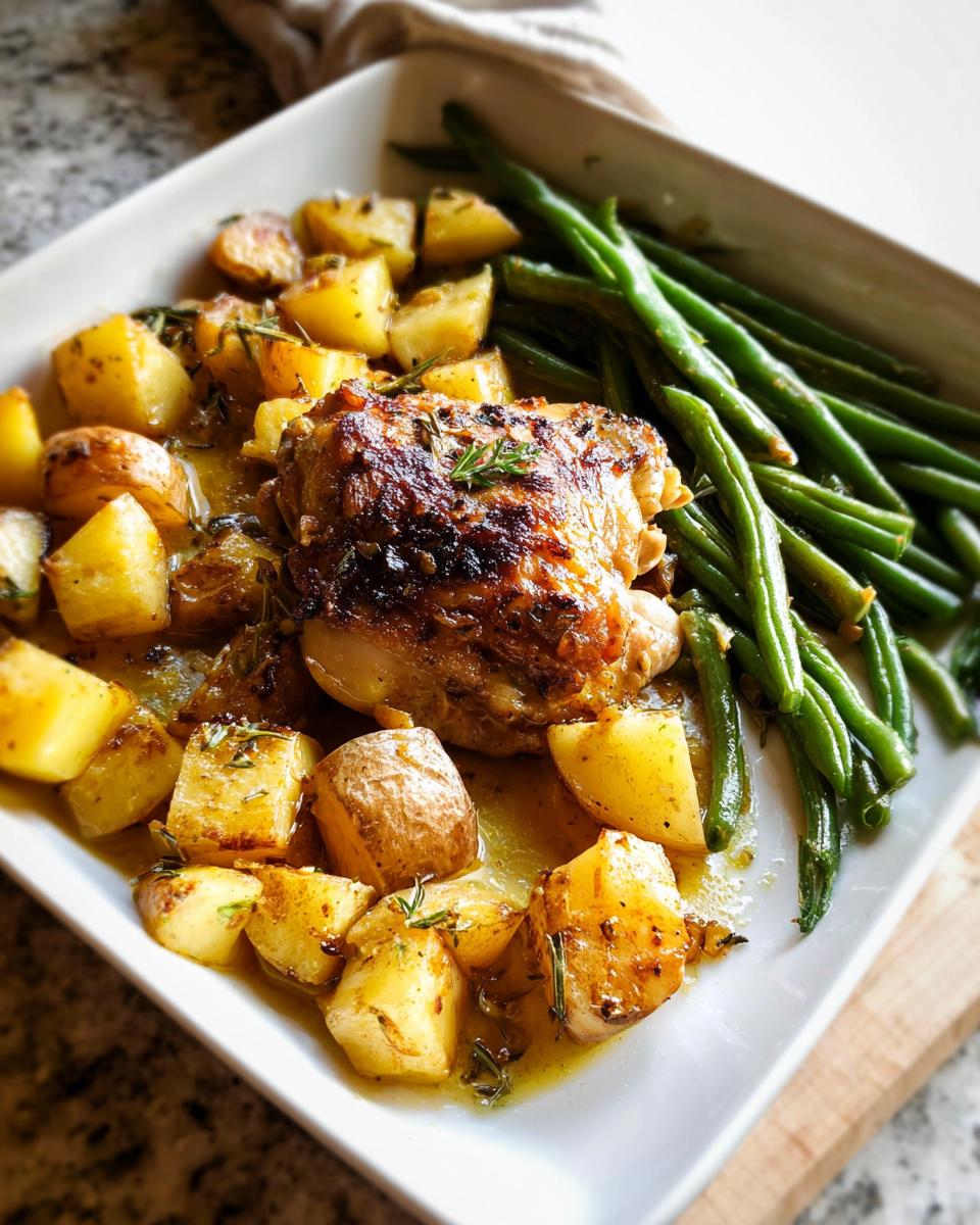 A plated serving of Garlic Butter Baked Chicken Thighs and Potatoes with green beans, glistening in butter sauce.