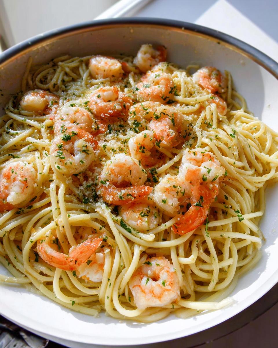 A close-up of a white bowl filled with Garlic Butter Shrimp Pasta, topped with pink shrimp and fresh parsley.