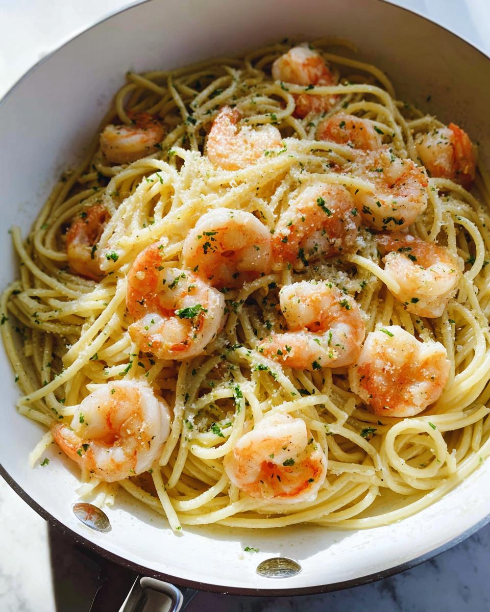 Close-up overhead view of Garlic Butter Shrimp Pasta tossed with shrimp, Parmesan, and parsley in a white skillet.