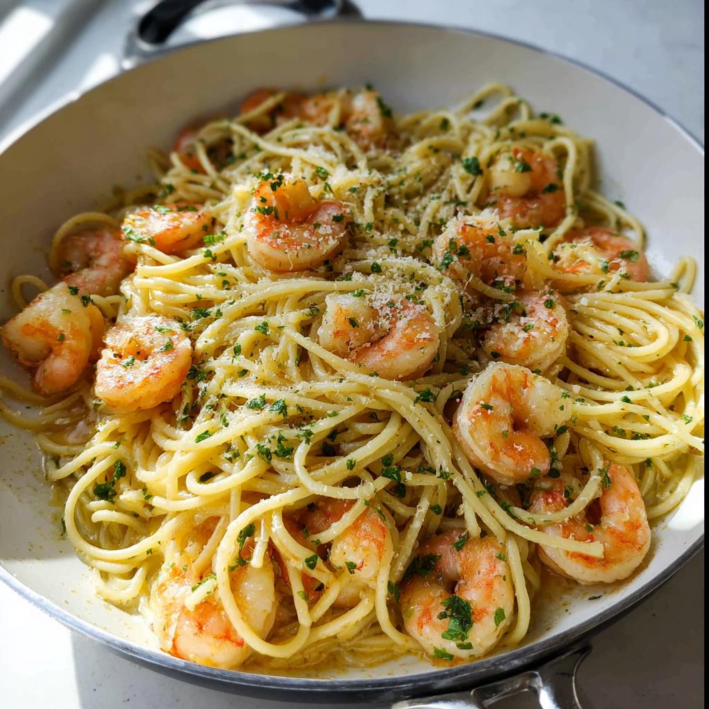 A skillet filled with creamy Garlic Butter Shrimp Pasta, topped with shrimp, parsley, and grated Parmesan cheese.