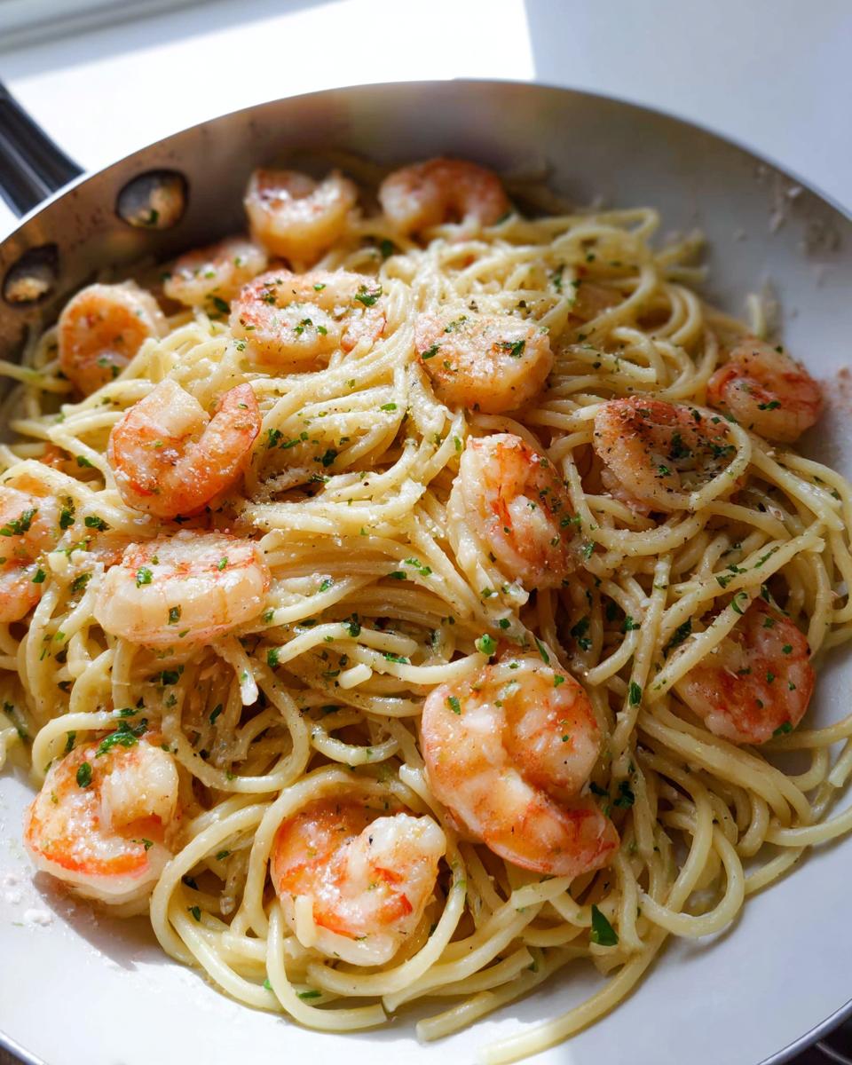 Close-up of Garlic Butter Shrimp Pasta tossed with shrimp, herbs, and cheese in a stainless steel skillet.