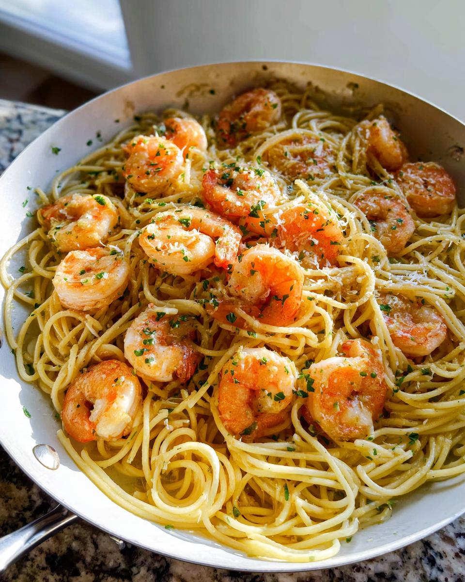 Close-up of Garlic Butter Shrimp Pasta tossed in a white skillet, topped with shrimp, parsley, and Parmesan.