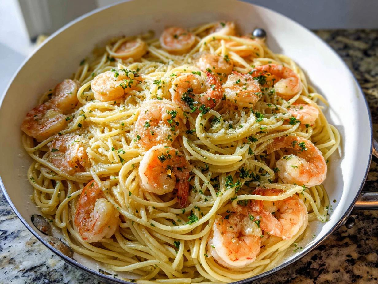 A close-up overhead shot of Garlic Butter Shrimp Pasta tossed in a white skillet, topped with Parmesan and parsley.
