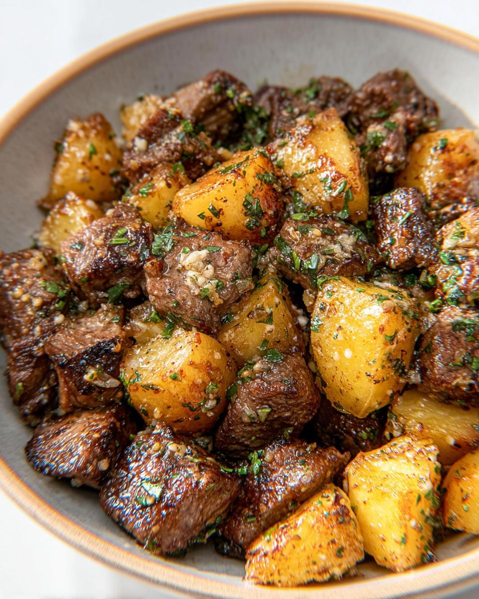 Close-up of Garlic Butter Steak Bites with Potatoes, coated in garlic butter and fresh parsley.