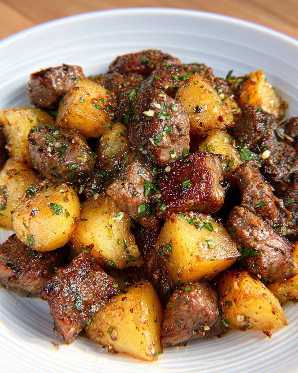 Close-up of perfectly cooked Garlic Butter Steak Bites mixed with golden roasted potatoes, garnished with parsley.
