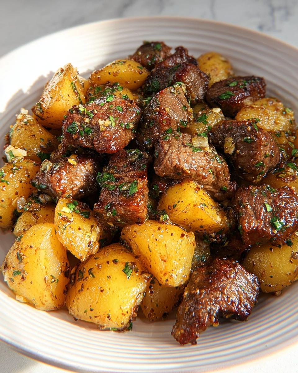 Close-up of juicy Garlic Butter Steak Bites mixed with golden roasted potatoes, garnished with parsley.