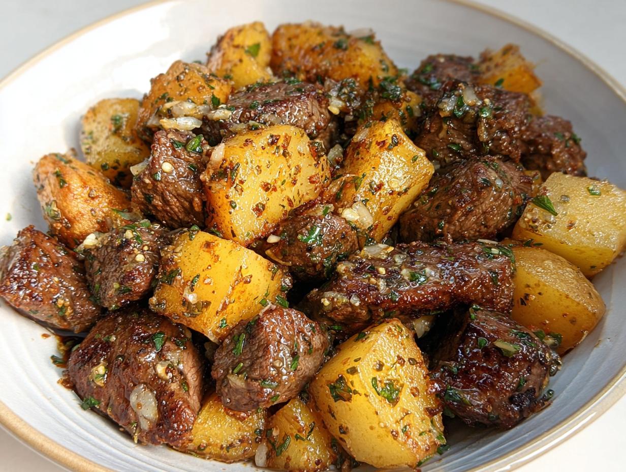Close-up of juicy Garlic Butter Steak Bites mixed with golden roasted potatoes, coated in herbs and garlic.